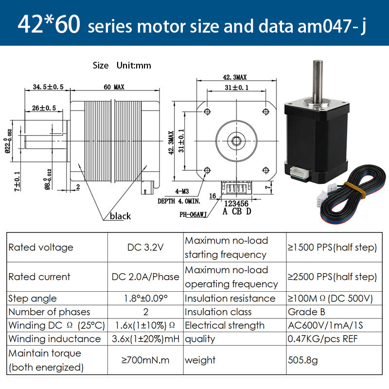 Explore the 42 Stepper Motor by 3D Printing Perth - Cirrus Link, featuring a 60mm height and 1.8-degree step angle. Includes labeled wiring, technical tables, motor and cable image—perfect for precision tasks like 3D printing with detailed measurements and electrical specs.