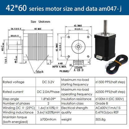 Explore the 42 Stepper Motor by 3D Printing Perth - Cirrus Link, featuring a 60mm height and 1.8-degree step angle. Includes labeled wiring, technical tables, motor and cable image—perfect for precision tasks like 3D printing with detailed measurements and electrical specs.