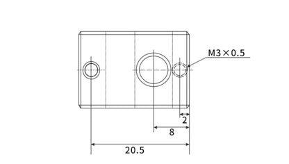 The 3D Printing Perth - Cirrus Link High Quality E3D V6 PT100 Heat Block 550C features a technical drawing of a rectangular block with three holes, including one labeled "M3 x 0.5." It measures 20.5 in length and 8 in width with side measurements of 2, ideal for E3D V6 assemblies and fits PT100 sensors for precise temperature control.