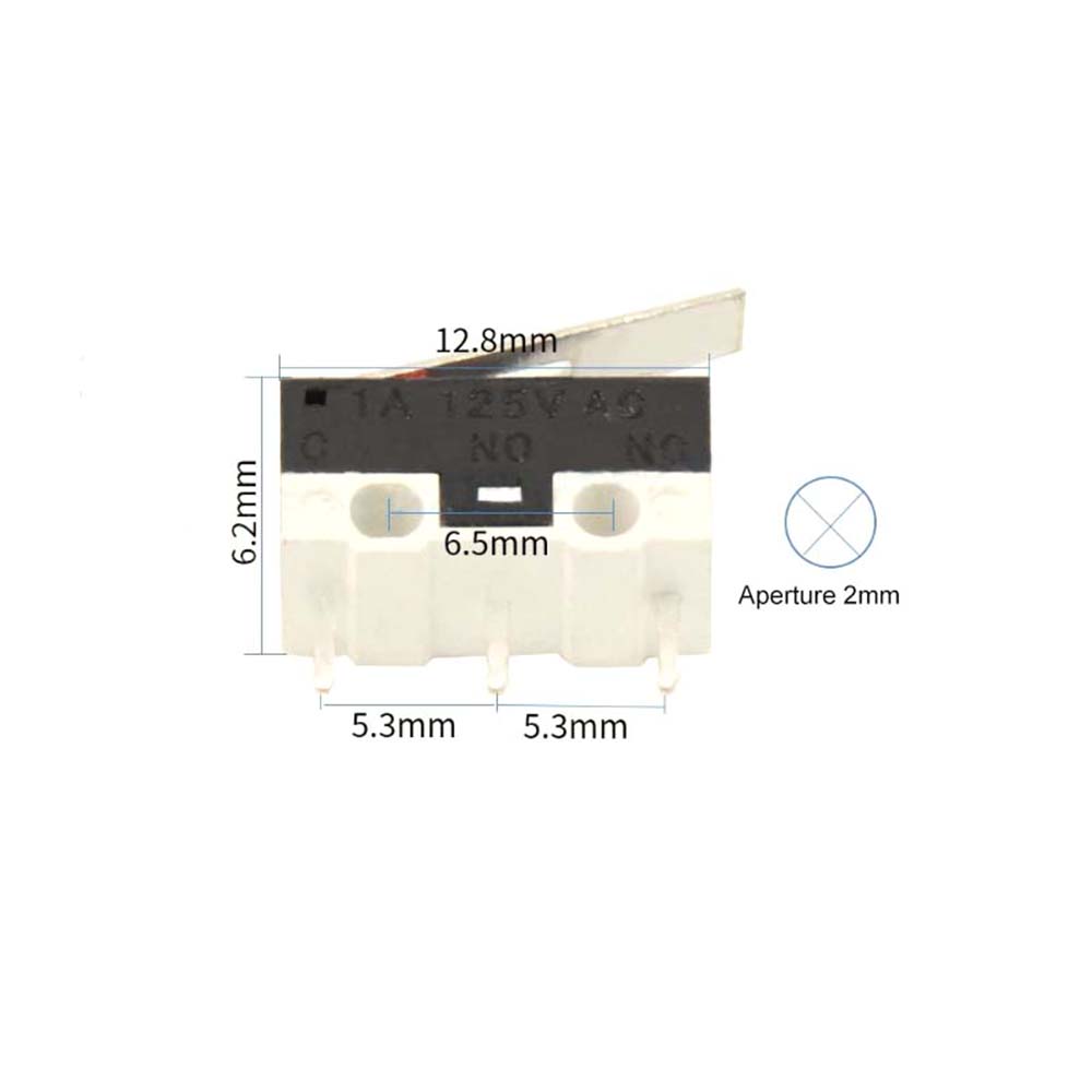 Image of a Limit Switch (Small) from 3D Printing Perth - Cirrus Link: A microswitch with lever ideal for 3D printers, measuring 12.8mm x 6.5mm x 6.2mm, and featuring a 2mm aperture, "NO" and "NC" labels with three connectors, rated at 1A, 125V AC.