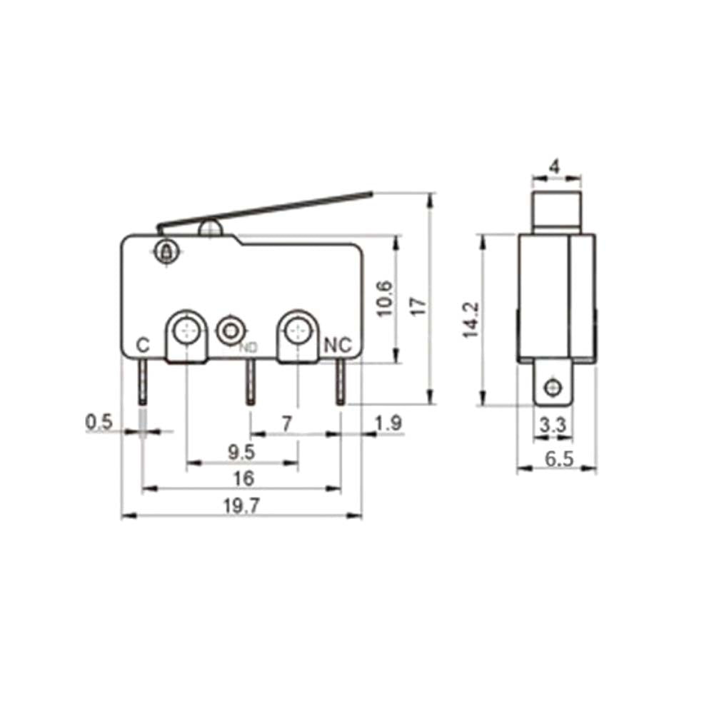 The KW4-3Z-3 Straight Handle Micro Switch (SS-5GL) by 3D Printing Perth - Cirrus Link features labeled terminals (C, NO, NC) for precision in 3D printing. Its dimensions of 19.7mm width and 17mm height ensure compatibility with ENDSTOP RAMPS1.4 setups for exact fitting.