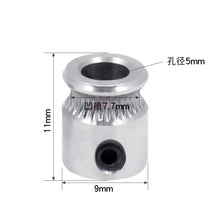 This Mk8 Feed Wheel, by 3D Printing Perth - Cirrus Link, is a metal gear with a 5mm inner diameter, 9mm outer diameter, and an 11mm height. It includes a precisely measured 7.7mm groove for efficient filament feeding.