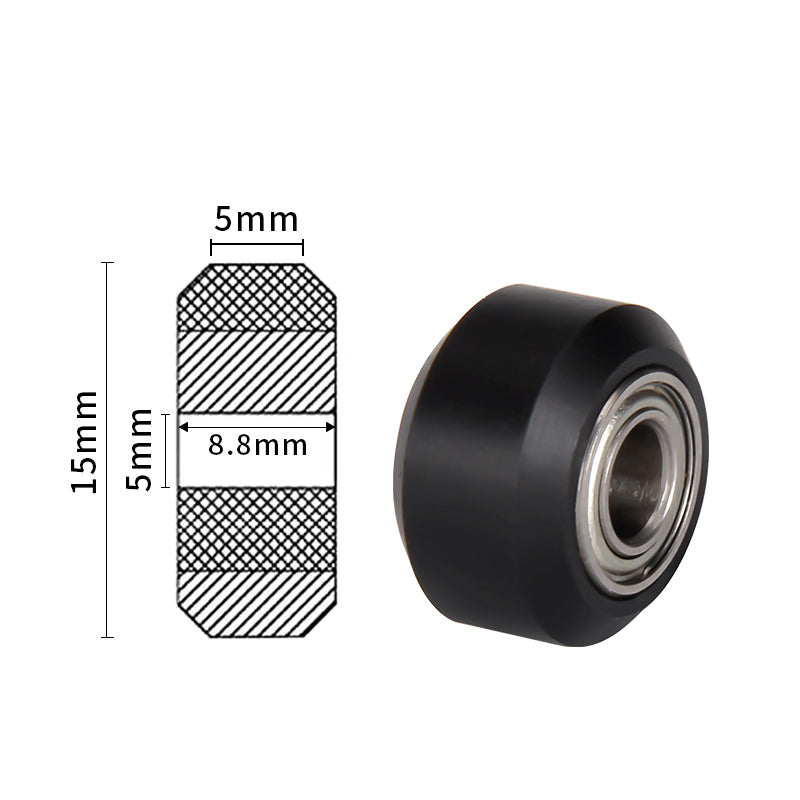 The Pulley Wheel Small Wheel IN 5mm MR105 Bearing by 3D Printing Perth - Cirrus Link features a black plastic pulley with a 5mm inner hole and metal bearing on the right. A technical diagram on the left details dimensions: height 15mm, width 5mm, diameter 8.8mm. Durable and efficient design!.