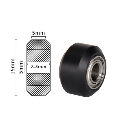 The Pulley Wheel Small Wheel IN 5mm MR105 Bearing by 3D Printing Perth - Cirrus Link features a black plastic pulley with a 5mm inner hole and metal bearing on the right. A technical diagram on the left details dimensions: height 15mm, width 5mm, diameter 8.8mm. Durable and efficient design!.