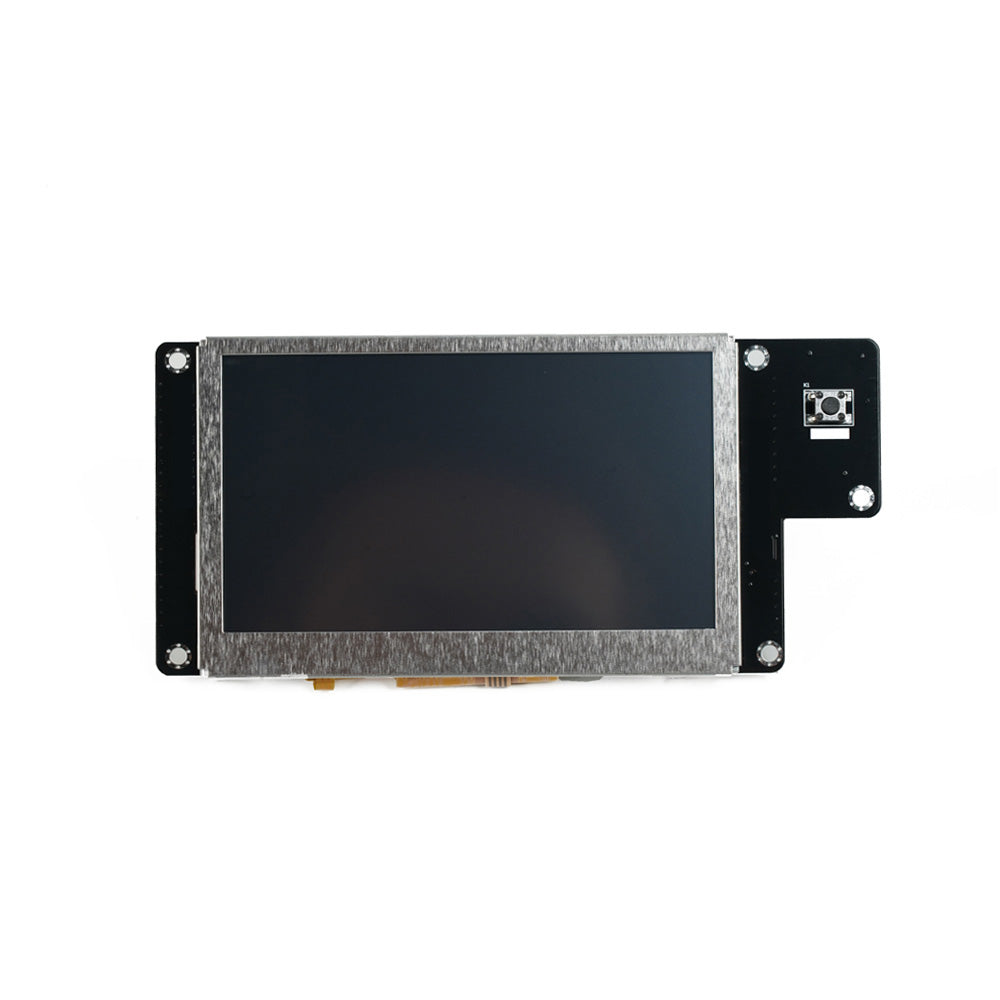 A rectangular digital display screen with a metal frame is mounted on a black circuit board, similar to Flashforge's Touch Screen Assembly for Adventurer 5M Pro, and includes a square button in the top right corner.