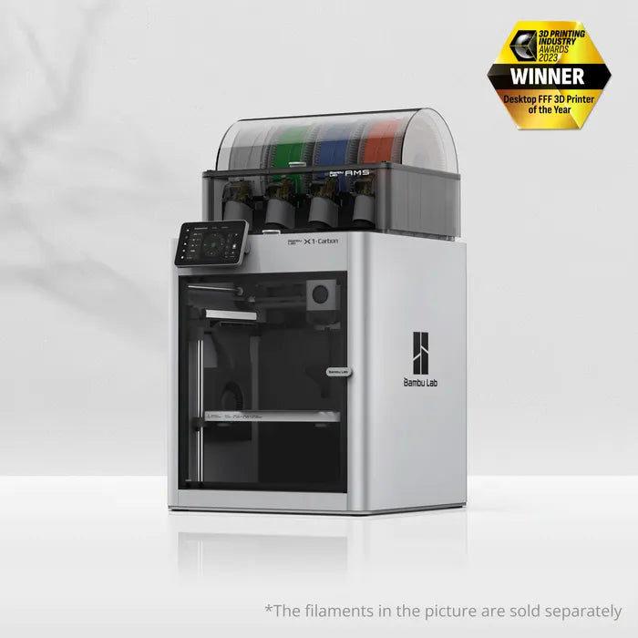 The Bambu Lab X1C 3D Printer by Bambu Lab features CoreXY technology, a touchscreen, and filament compartment, shown with the "3D Printing Industry Awards 2023 Winner" badge for high-quality printing.