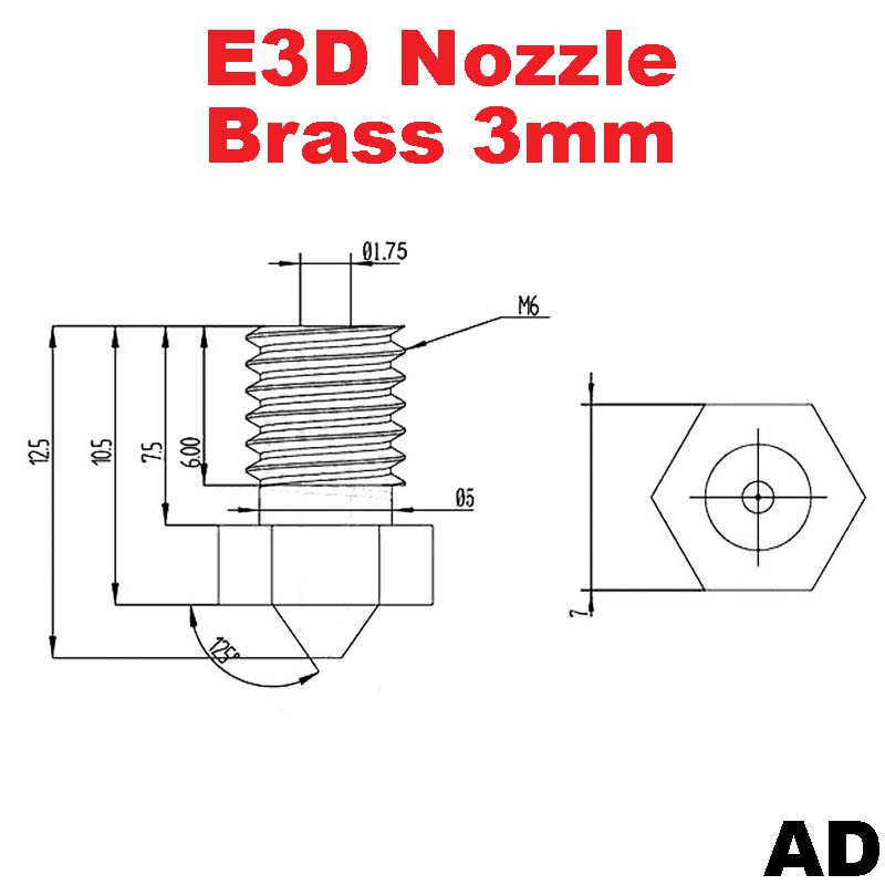Nozzle E3D V5 V6 Brass M6 threaded nozzle for 1.75/3mm - High-quality brass nozzle for 1.75/3mm filament.