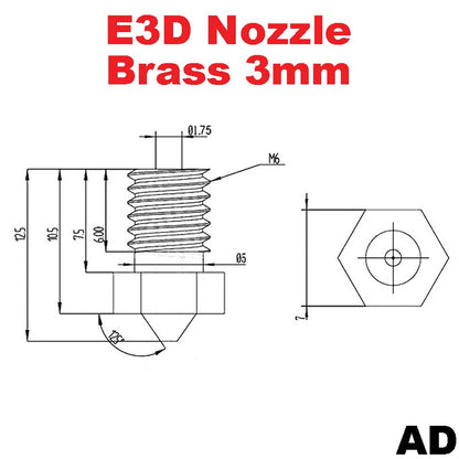 Nozzle E3D V5 V6 Brass M6 threaded nozzle for 1.75/3mm - High-quality brass nozzle for 1.75/3mm filament.