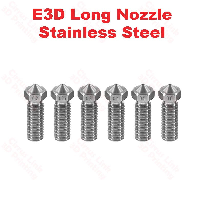 High-performance E3D Volcano long SS M6 threaded nozzle for efficient printing.