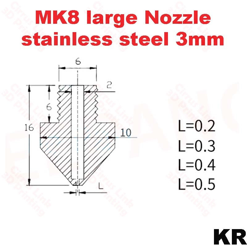 High-quality stainless steel nozzle for 1.75/3mm filament with M6 threading. Ideal for Nozzle Big MK8 extruders.