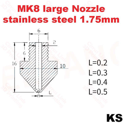 Get precise and reliable 1.75/3mm filament extrusion with this Nozzle Big MK8 Stainless Steel M6 threaded nozzle.