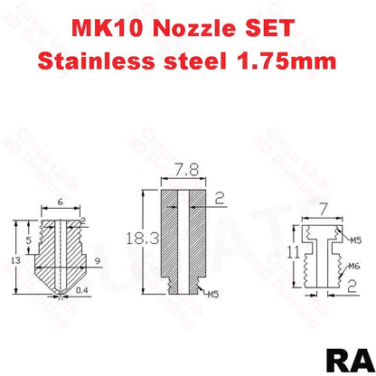 High-quality stainless steel MK10 nozzle set with M7 threading for precise 3D printing.