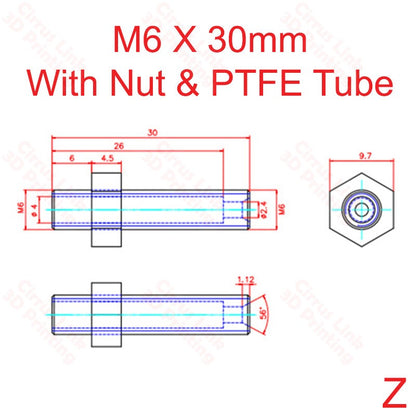 Throat MK8 Threaded with NUT M6 X 30mm long - High-quality threaded throat with M6 X 30mm long nut for efficient performance.