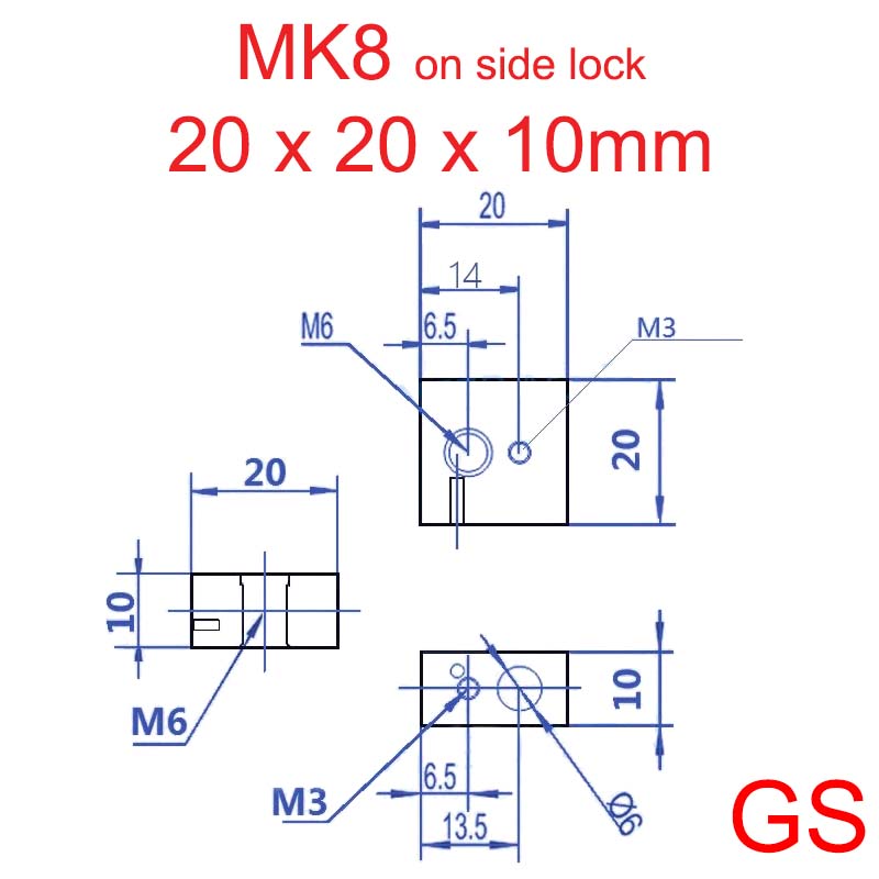 Heating Block MK8 (20X20X10) mm for 3 types of heating. High quality and efficient.