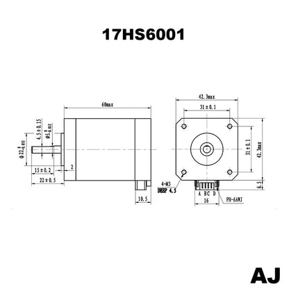 "Stepper Motor Nema 17 17HS6001 - AJ" - High-performance motor for precise motion control.