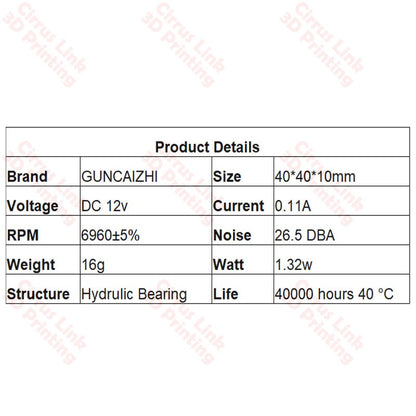 Cooling Fan 4010 40x40x10mm 12V 550mm - Efficient and compact fan for optimal cooling performance.