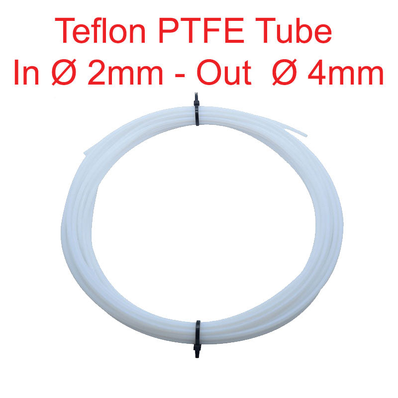 PTFE Teflon tube, 4mm outer diameter, 2mm inner diameter, sold per meter.