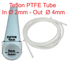 PTFE Teflon tube, 4mm outer diameter, 2mm inner diameter, sold per meter.