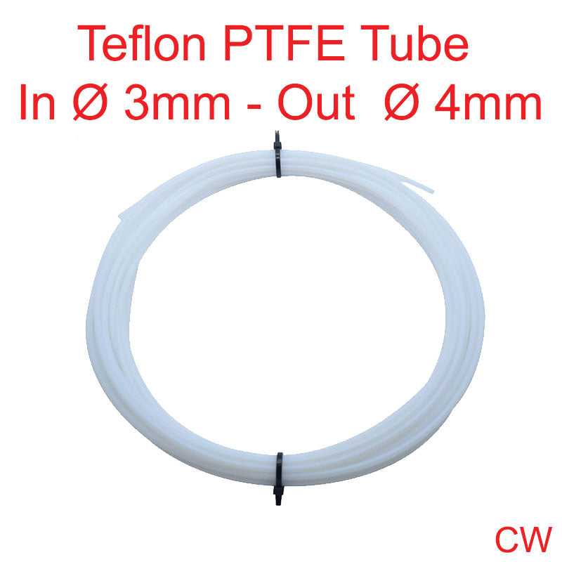 PTFE Teflon tube, 4mm outer Ø, 3mm inner Ø, sold per meter.