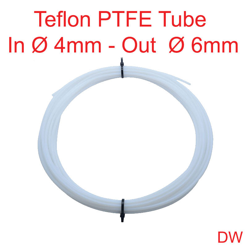 PTFE Teflon tube, 6mm outer Ø, 4mm inner Ø, sold per meter.