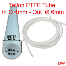 PTFE Teflon tube, 6mm outer Ø, 4mm inner Ø, sold per meter.