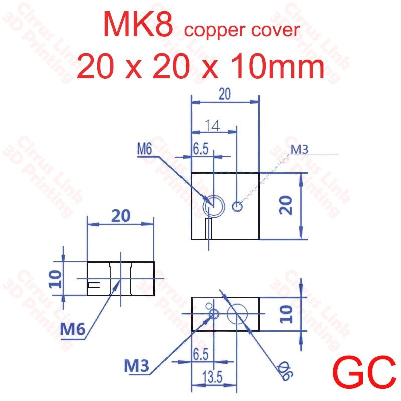 High-quality Heating Block MK8 in 20X20X10 mm size, available in 3 types for precise temperature control. Order now!